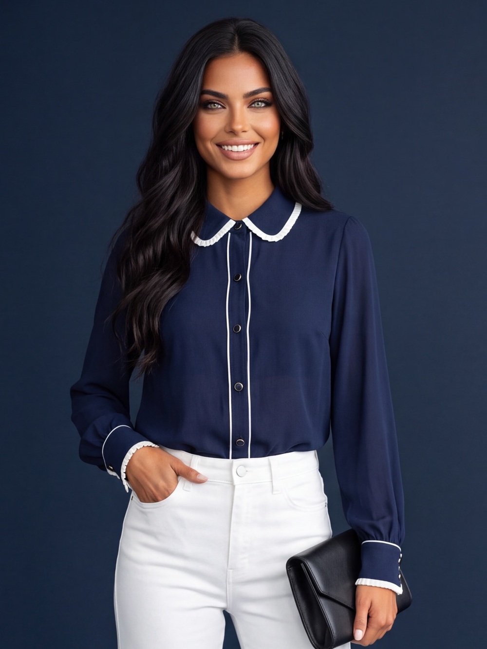 Talbots Navy Button-Down Blouse with White Piping